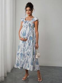 Momance 孕妇时尚碎花荷叶袖连衣裙 - 彩色 - 查看 7