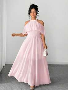 Elenzga Pink Woven Fabric Halter Neck Cold Shoulder Flared Long Dress With Zipper Details - Pink - View 7
