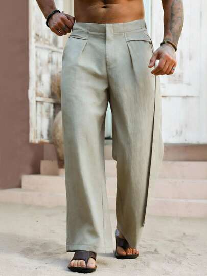 Manfinity RSRT 男士休闲褶皱宽松阔腿裤，适合度假、日常穿着和通勤。米色男士长裤，男士正装阔腿裤，男士褶皱西装裤，亚麻男士长裤，复古风格，日常休闲，周末旅行，户外活动，探险旅行，轻松的工作环境或半正式场合，男友/丈夫礼物，周年纪念/生日礼物，派对，夏季假期，新年，婚礼，情人节，男士褶皱裤