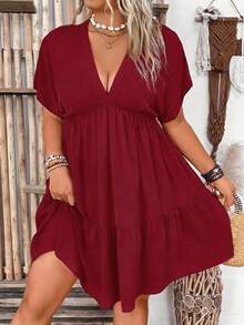 EMERY ROSE 大码休闲纯色蝙蝠袖连衣裙 - 紅色 - 查看 4