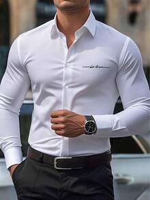 Calvornis Men Plus Size White And Black Autumn Smart Casual Office Long Sleeve Shirt,Old Money Classic Button Down Fitted Dress Shirt,Formal Business Ceremony - White - View 1