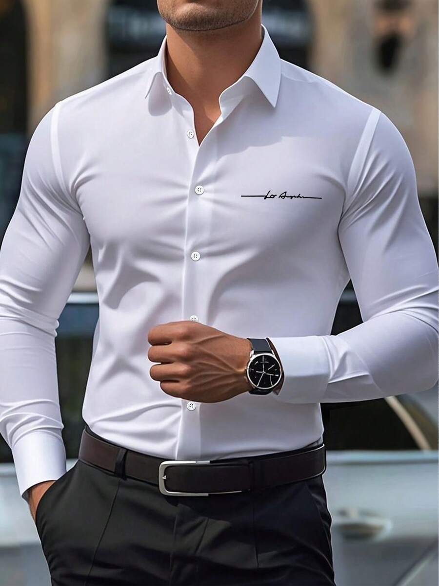 Calvornis Men Plus Size White And Black Autumn Smart Casual Office Long Sleeve Shirt,Old Money Classic Button Down Fitted Dress Shirt,Formal Business Ceremony - White - View 1