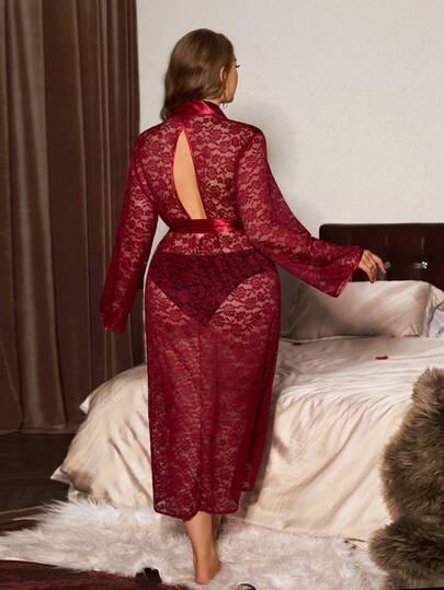 SHEIN Rückenfreier Spitzen-Mesh & Faux-Seide Sexy Morgenmantel