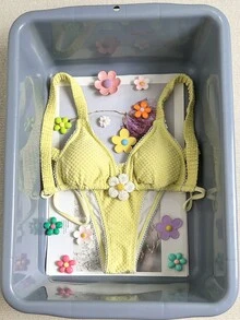 Swim Mod Damen-Bikini aus blassgelbem Badeanzugstoff mit Trägern, schlichtem Design, hoch geschnittenem Unterteil und Schnürdetails - Gänsegelb - Übersicht 4