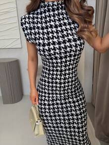 Jemour Colorblock Bodycon Dress Party Evening Dress - Black and White - View 3