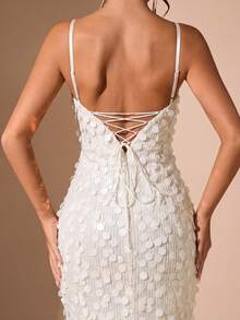 SHEIN BAE 女士亮片吊带露背系带性感优雅鸡尾酒会礼服，适合夜店、派对、正式场合、圣诞节等场合。 - 杏色 - 查看 5