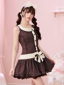 ROMWE Kawaii 复古甜心提拉米苏波点蝴蝶结无袖迷你连衣裙 - 咖啡棕 - 查看 5