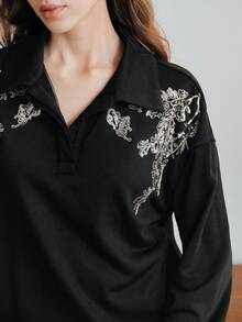 Anewsta 女士优雅百搭秋季卫衣，饰有串珠刺绣，黑色长袖套头衫 - 黑色 - 查看 6