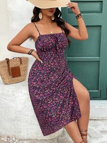 SHEIN Frenchy 大码女式碎花系带前侧开衩吊带连衣裙，度假风 - 彩色 - 查看 6