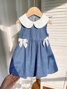 Baby Girl Denim Dress With Wide Ribbon Bow And Contrast Collar - Light Wash - View 3