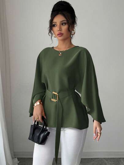 Selianne 女式法式圆领蝙蝠袖腰带亮红色衬衫，春夏