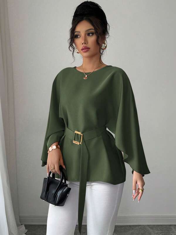 Selianne Blusa roja brillante con cuello redondo, mangas de murciélago y lazo en la cintura, estilo francés para mujer, primavera/verano