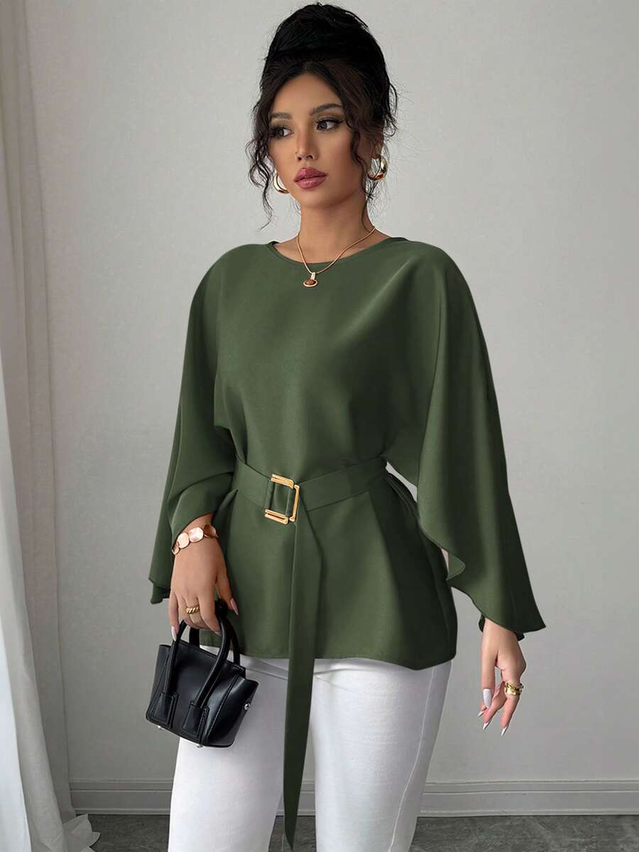 Selianne 女式法式圆领蝙蝠袖腰带亮红色衬衫，春夏 - 橄欖綠 - 查看 1