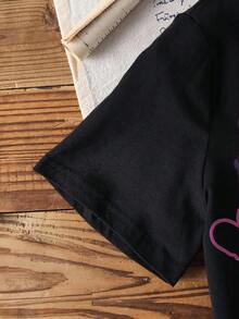 THE POWERPUFF GIRLS X SHEIN Tween Girl Casual Everyday Versatile Cute Cartoon Letter Graphic Short Sleeve Black T-Shirt, Summer - White - View 4