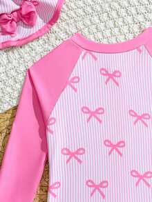 Sparklyn 女婴可爱弹力粉色撞色蝴蝶结印花荷叶边长袖两件套泳衣带帽子 - 粉色 - 查看 6