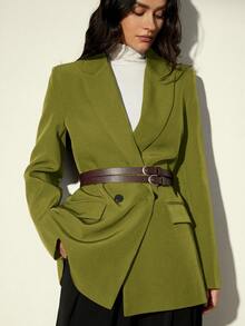 Aveloria Modichic 女士翻领宽松长袖西装外套，配双腰带 - 綠色 - 查看 1