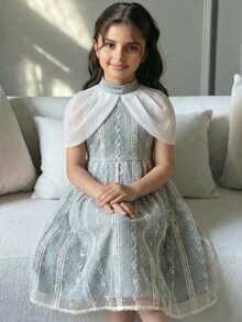 SHEIN Young Girl Woven Contrast Color Collar Mesh Patchwork Casual Dress Party Dress For Young Girls In Autumn And Winter Kids Jacquard Dresses Dusty Blue Dress For Girls - Green - View 5