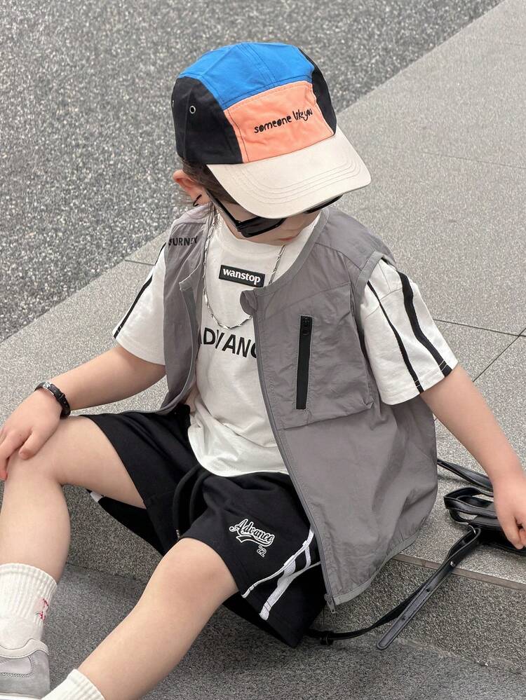Young Boy Letter Print Zip Front Casual Vest Jacket