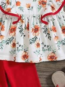 SHEIN Babygirl Summer Vacation Knit Floral Print Ruffle Trim Top And Elastic Waist Pants Set - Red - View 6