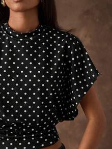 SHEIN BAE 女士休闲波点印花蝙蝠袖短款T恤，夏季 - 黑色 - 查看 3