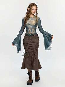 ROMWE Fairycore Chân váy denim màu nâu dáng đuôi cá, cạp siêu trễ, kiểu nàng tiên Mori cổ điển dành cho nữ, có túi hộp. - màu nâu - Xem 2