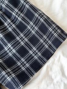 SHEIN 少女蓝白格子印花松紧腰贴布休闲短裤 - 藍白色 - 查看 4