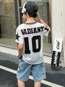 SHEIN Tween Boy Casual Versatile Letter Print Pattern Ribbed Collar Mesh Loose Knit T-Shirt, Suitable For School, Garden, Beach, Birthday, Spring, Summer, Autumn, Winter - Black and White - View 2