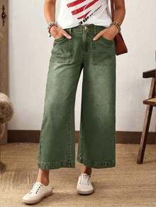 EMERY ROSE Plus Size Solid Color Casual Denim Jeans - Green - View 6