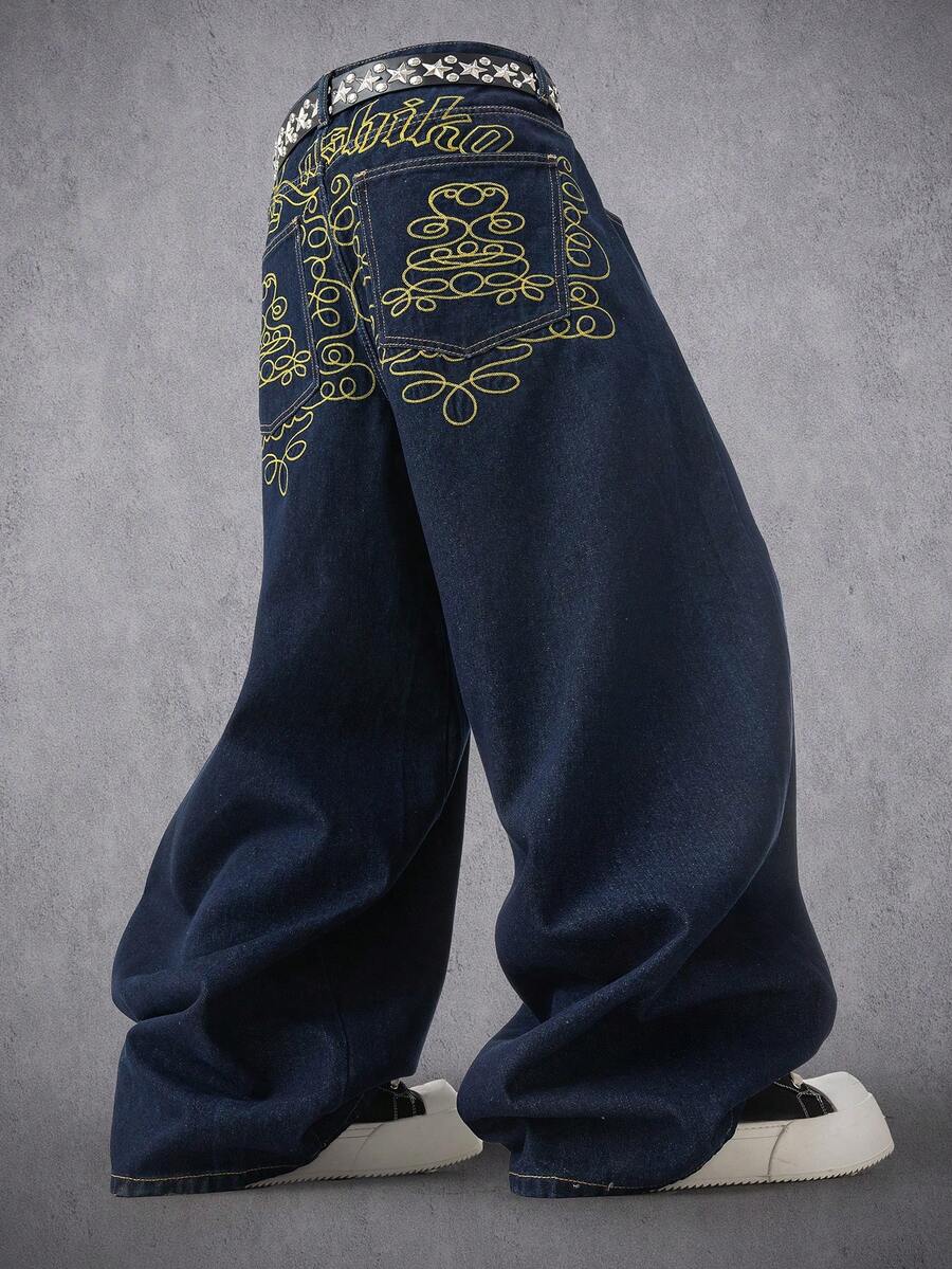 Manfinity Denimwave Men's Casual Fashion Street Daily Commute Simple Letter Embroidery Loose Wide-Leg Jeans Pants (Belt Not Included) - Blue - View 1