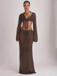 Musera Resort Áo khoác ngoài dáng ngắn tay loe dệt kim, buộc dây phía trước, thích hợp cho kỳ nghỉ hè, du lịch biển, đồ cơ bản màu trơn, phong cách nghỉ dưỡng. - Cà phê nâu - Xem 5