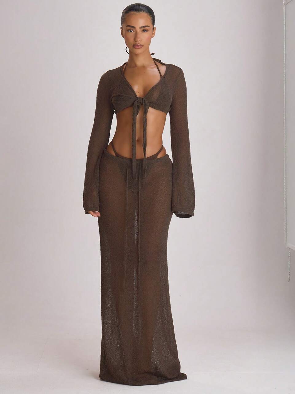 Top Cropped com Mangas Bufantes, Amarração na Frente, Malha, Básica para Praia, Férias, Verão, Viagens, Sólida, Resort