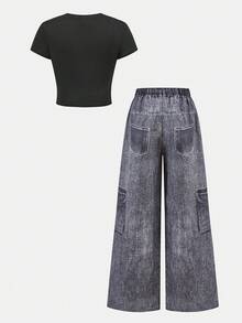 少女两件套：修身黑色印花短袖圆领T恤 + 宽松做旧灰色字母印花阔腿裤，春夏款 - 黑色 - 查看 2