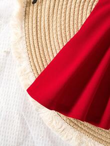 SHEIN Baby Girl Solid Color Ruffle Trim Asymmetric Shoulder Ruffle Sleeve Dress - Red - View 5