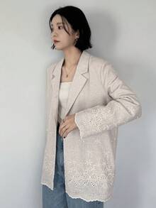 FRIFUL 女款休閒混紡寬鬆素色西裝外套，春夏女式西式穿搭 - 卡其色 - 查看 7