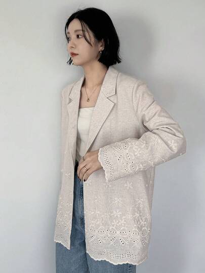 FRIFUL 女士休闲通勤纯色刺绣西装外套