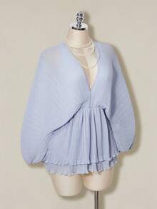 SHEIN ICON 女士优雅纯色蝙蝠袖迷你连衣裙 - 淺藍色 - 查看 1