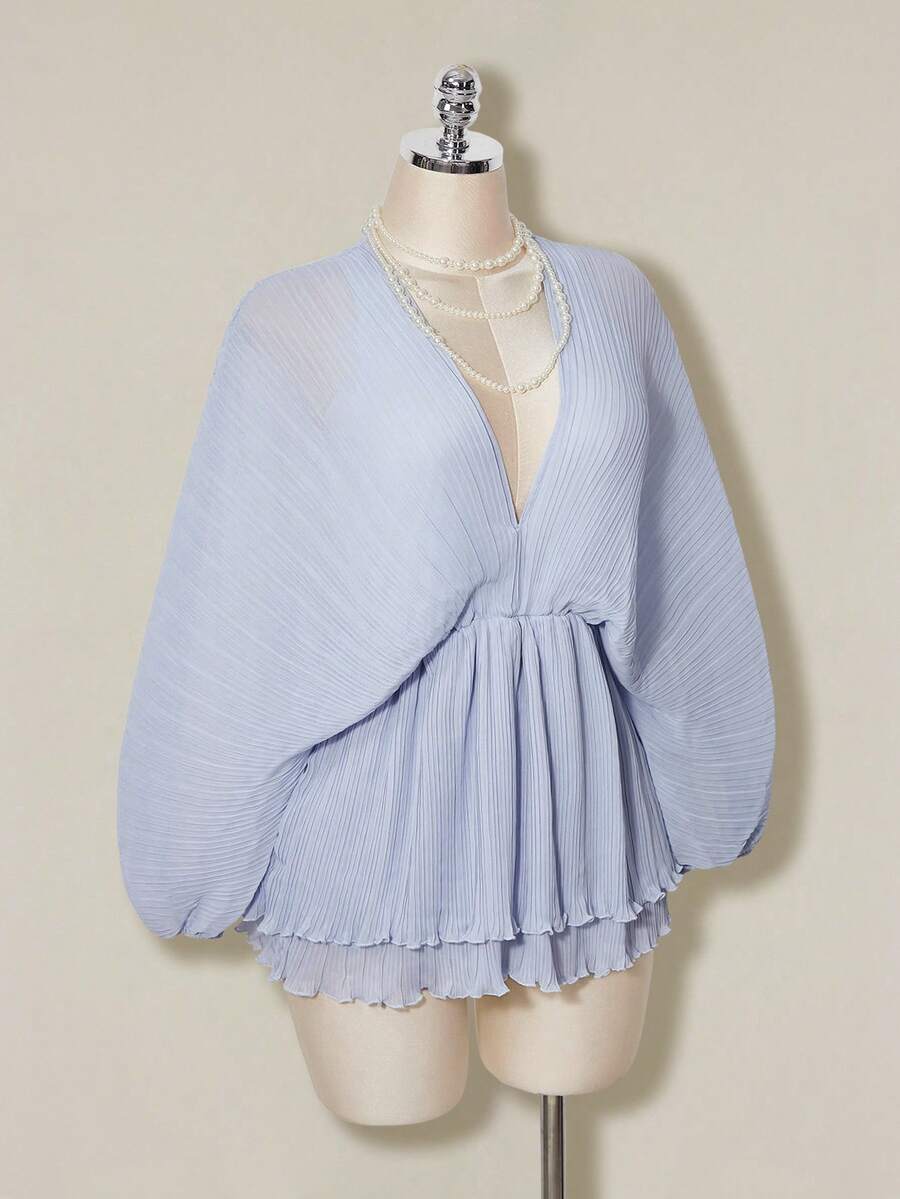 SHEIN ICON 女士优雅纯色蝙蝠袖迷你连衣裙 - 淺藍色 - 查看 1