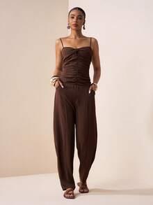 Zivah 2026 Spring/Summer New Music Festival Jumpsuit With Spaghetti Strap, Twist Ruched Design, Pockets, Ankle-Tied, Brown - Brown - View 3
