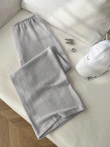 Flirla Light Grey Summer Casual Loungewear Women's Vintage Textured Relaxed Elastic Waist Pants,Minimalist Commuter Straight Leg Flowy Trousers - Grey - View 2