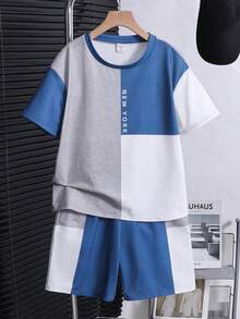 SHEIN 两件套男童休闲撞色圆领短袖T恤短裤套装，适合通勤、上学、日常休闲穿着、运动、春夏穿着。 - 彩色 - 查看 3
