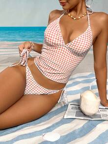Swim Mod Sweet Cherry Plaid Bikini Set - Orange - View 5