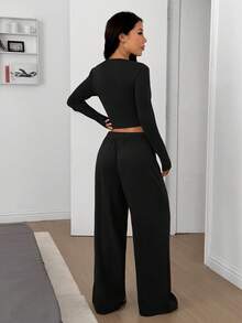 SHEIN EZwear 女士纯黑色针织休闲长袖上衣和裤子家居服套装 - 黑色 - 查看 2