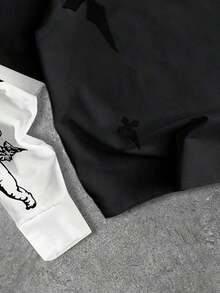 ROMWE MEN 男士休闲圆领二合一十字图案T恤 - 黑色 - 查看 4