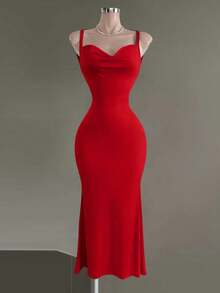 Franclia Sexy Backless Spaghetti Strap Waist Cinched Fitted Casual Party Dress For Women - Red - View 5