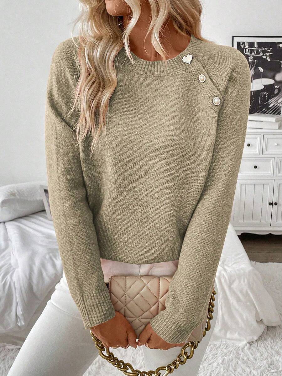 SHEIN PETITE Women's Casual Oblique Collar Button Design Sweater, Autumn/Winter - Khaki - View 1