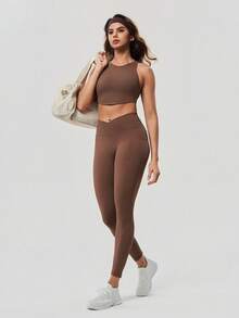 OutZeal 女士吸汗中度压缩交叉腰侧口袋紧身裤，适合日常健身和普拉提 - 棕色 - 查看 5