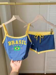 SHEIN EZwear Bộ đồ thể thao mùa hè dành cho nữ, áo croptop và quần short in chữ nhiều màu sắc cờ Brazil, hàng hóa dành cho người hâm mộ thể thao. - Nhiều màu - Xem 7