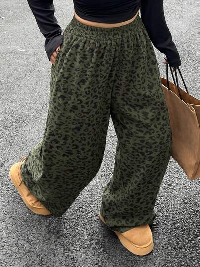 Dazy Plus Plus Size Women Elastic Waist Loose Leopard Print Straight Leg Long Corduroy Pants