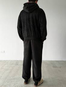 Claim Dot 男士纯色落肩长袖连帽衫带口袋休闲套装，秋冬款 - 黑色 - 查看 2
