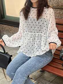 FRIFUL Women's Solid White Sheer Fabric Layered Polka Dot Textured Tie Neck Bow Loose Casual Blouse - White - View 5